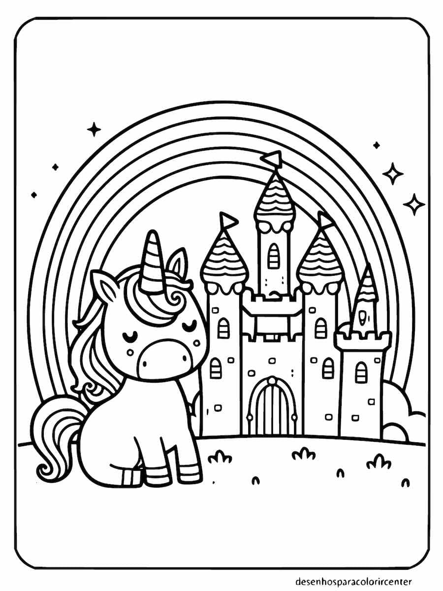 castelo arco-íris com unicornio e arco iris para colorir
