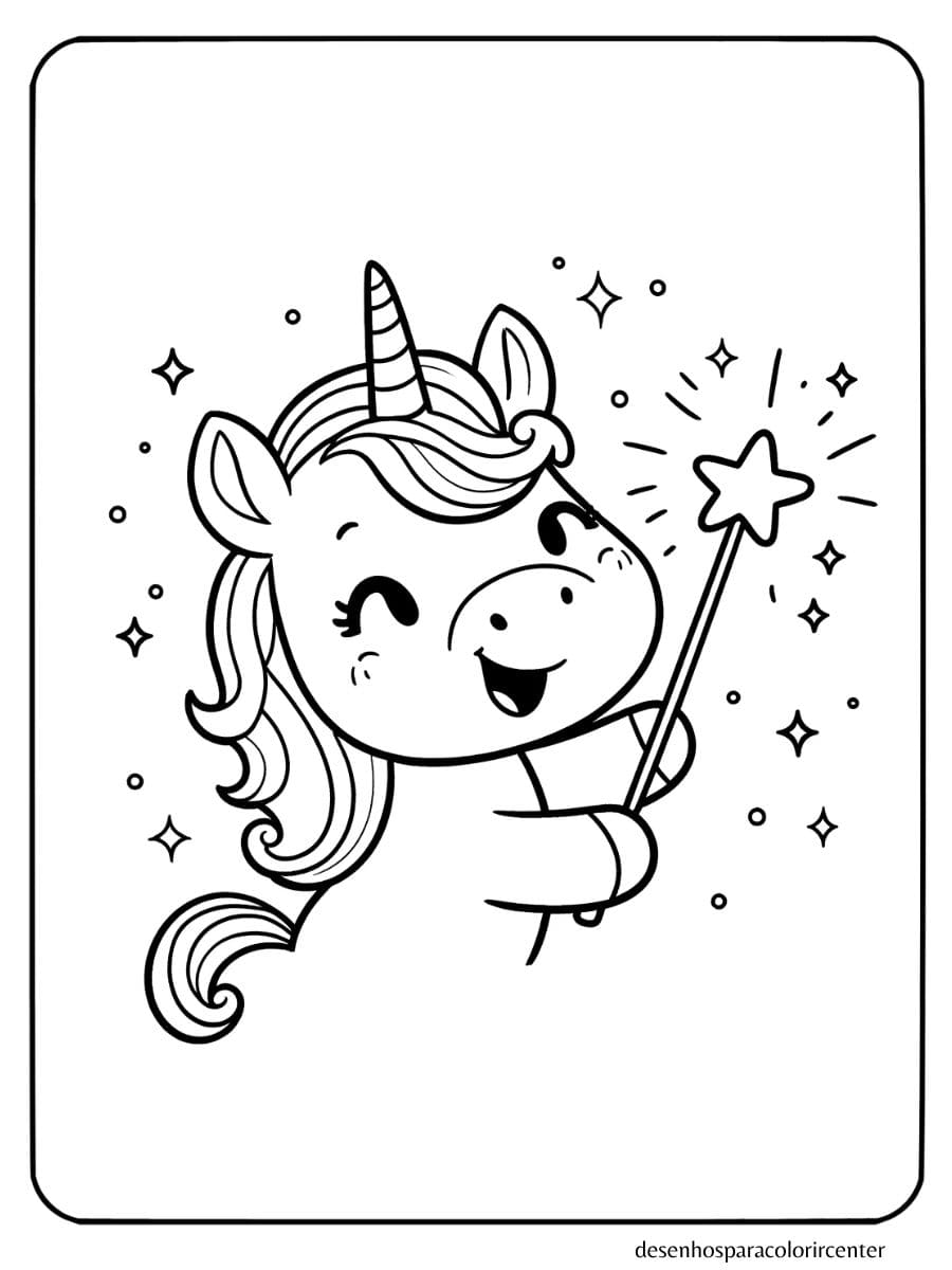 unicornio para colorir segurando uma varinha mágica com brilhos