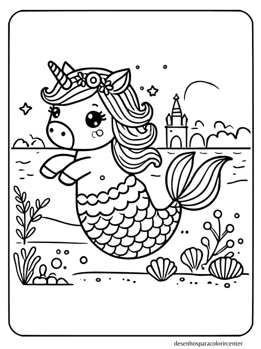 sereia unicornio para colorir com expressão de raiva