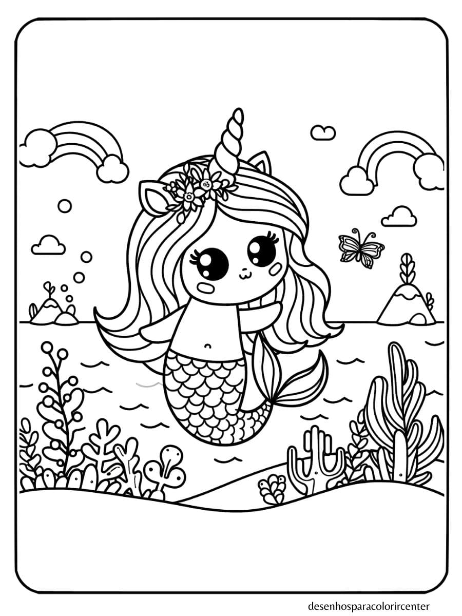 sereia unicornio para colorir com expressão de curiosidade