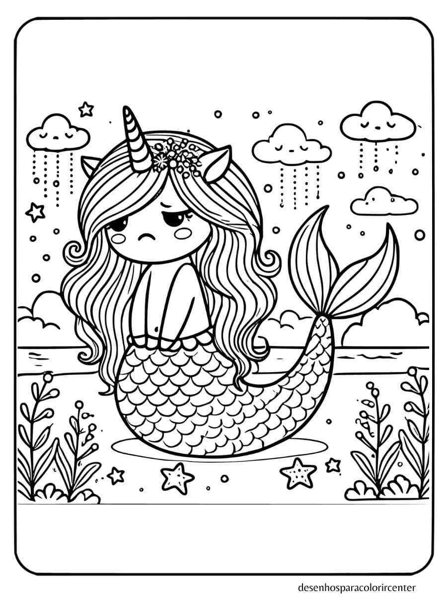 sereia unicornio para colorir com expressão de aborrecimento