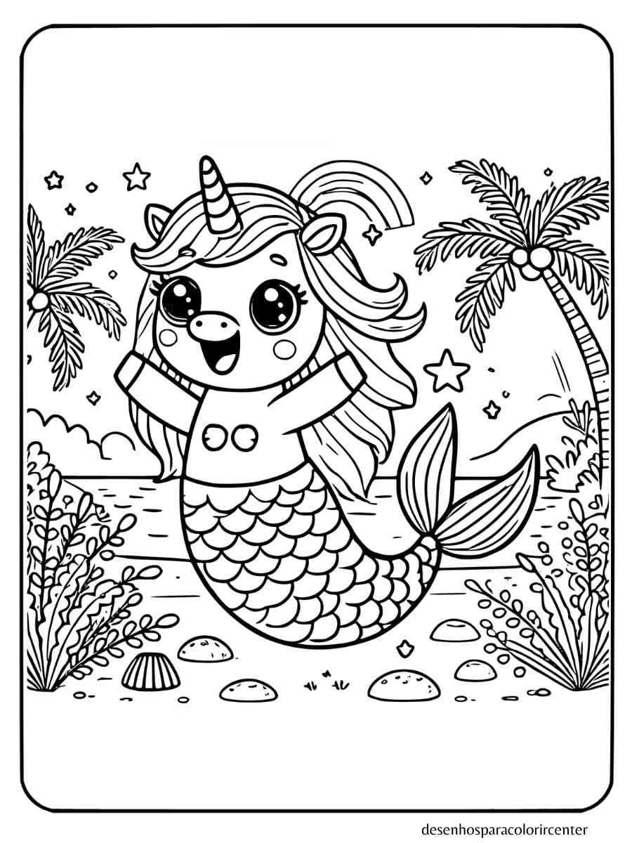 sereia unicornio para colorir com expressão de empolgação