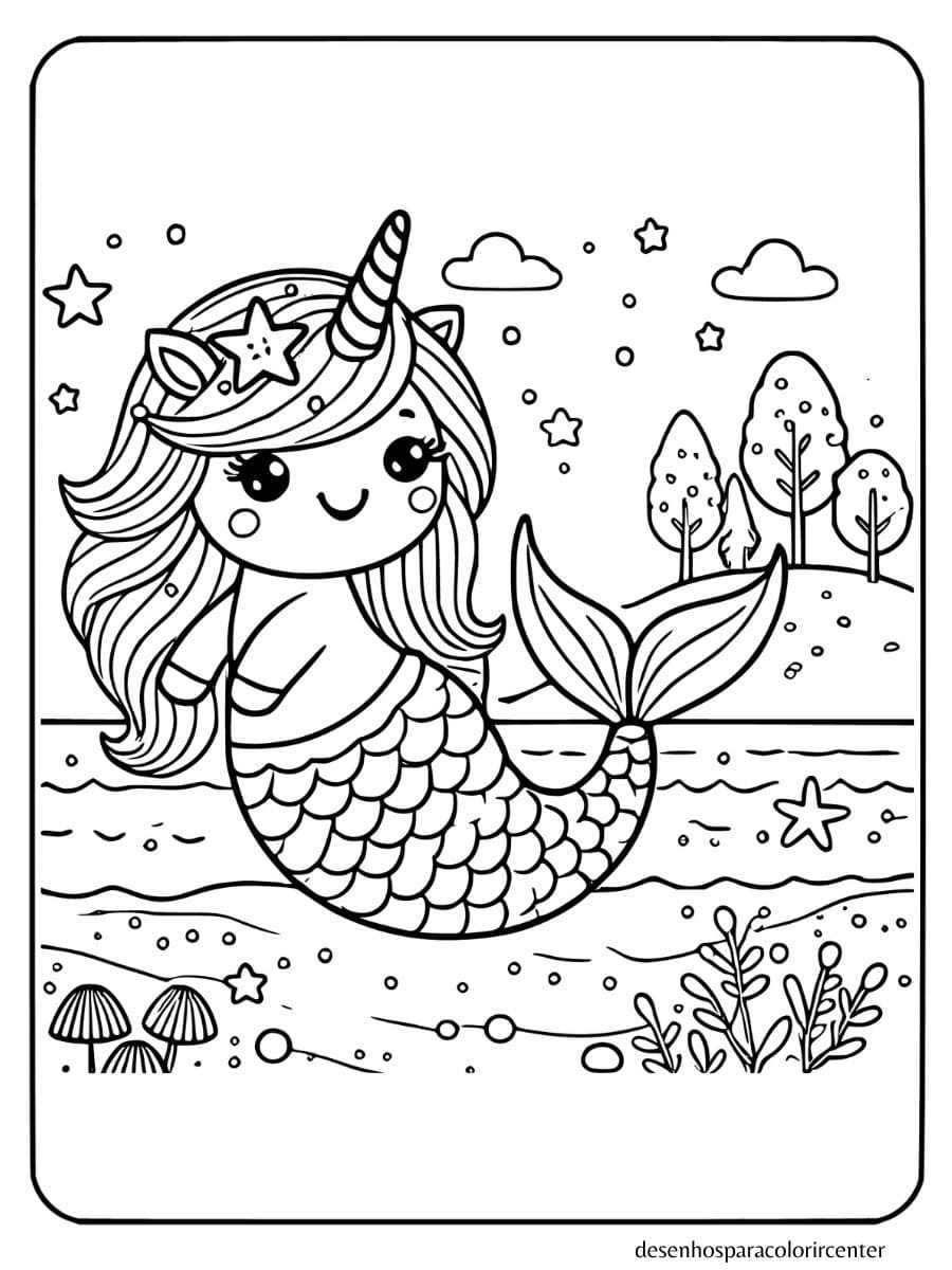 sereia unicornio para colorir com expressão de felicidade