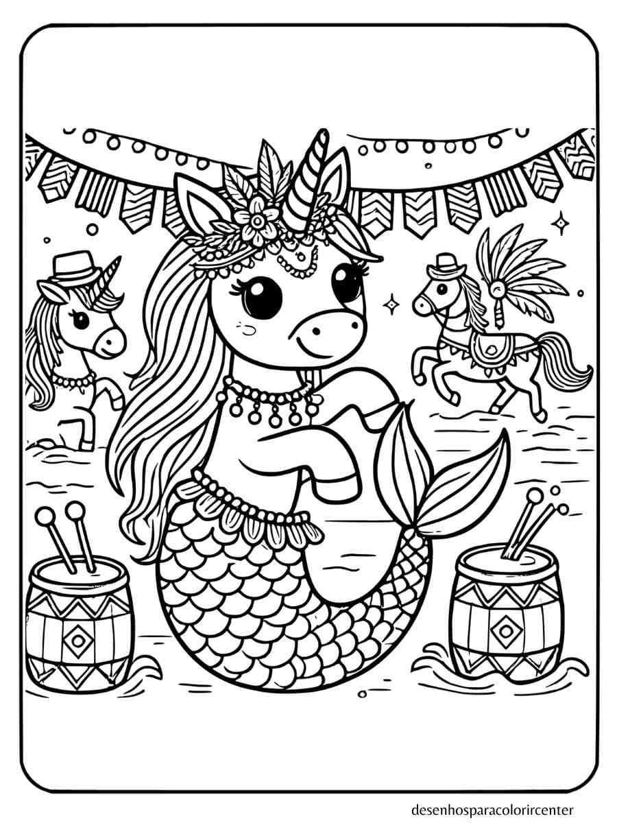 sereia unicornio para colorir celebrando um festival brasileiro