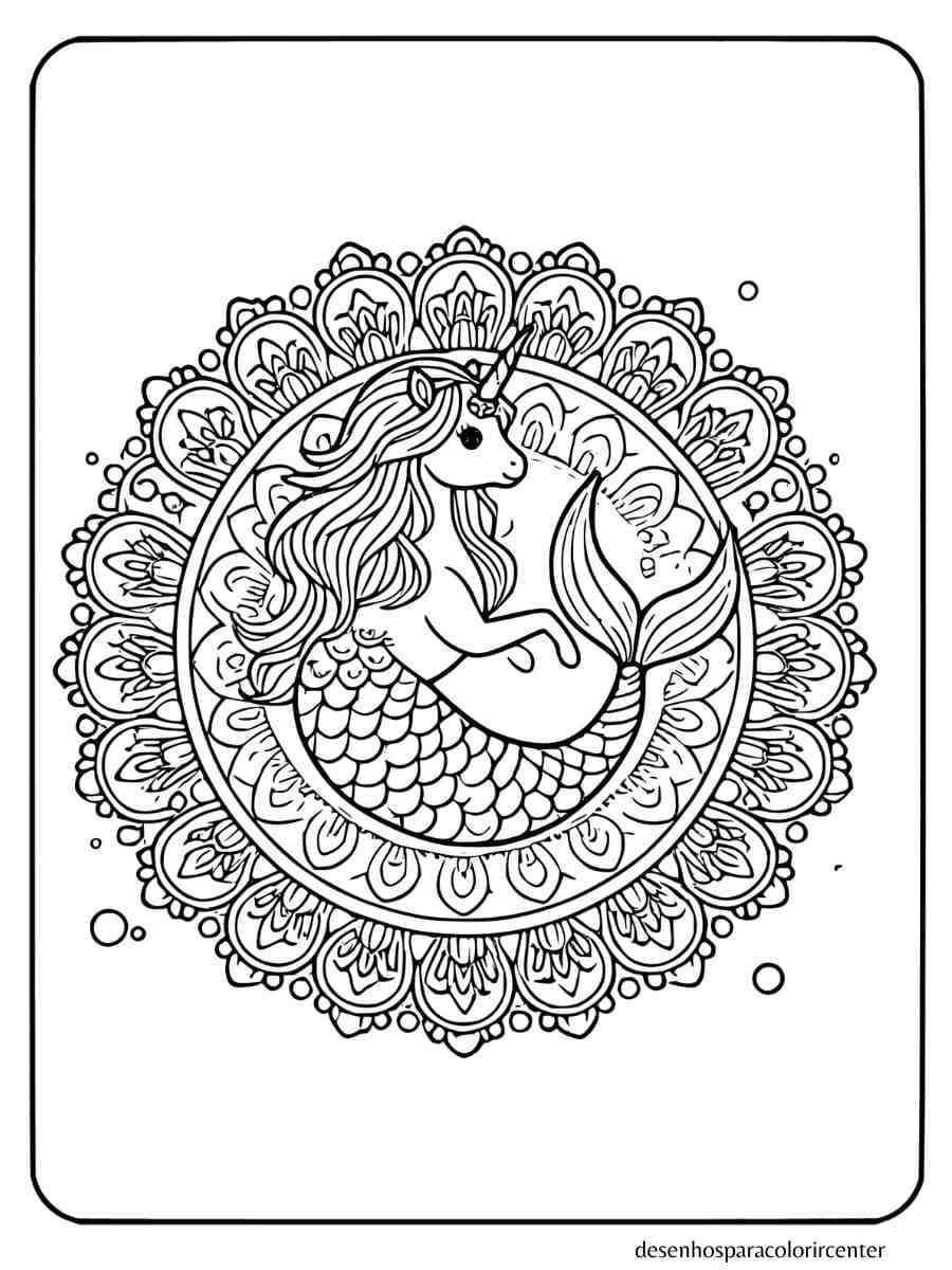 sereia unicornio para colorir com design de mandala