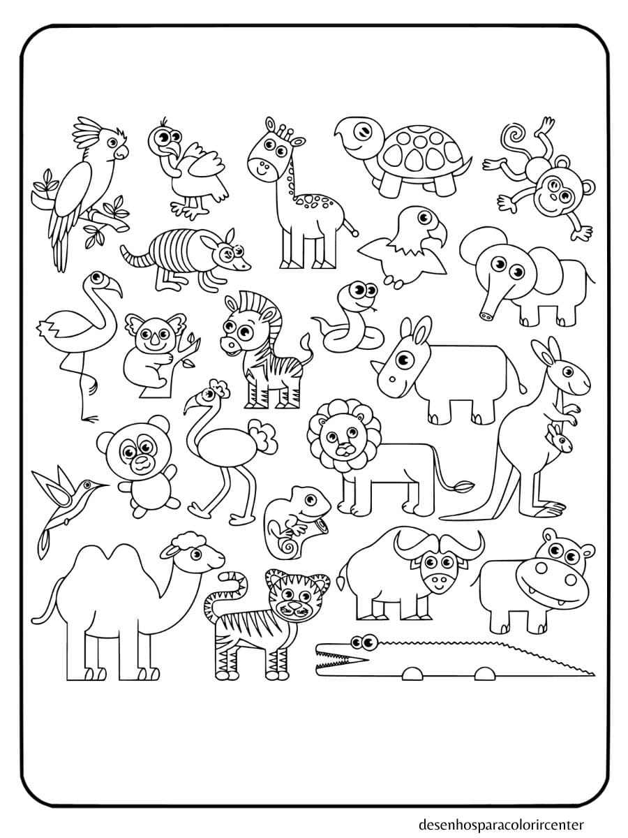 animais para colorir com animais do zoológico: papagaios, girafas, tartarugas, macacos e elefantes