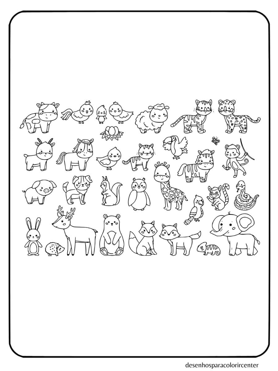 animais para colorir kawaii: vacas, ovelhas, gatos, cães, pássaros e tigres