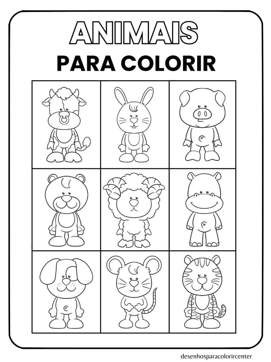 animais para colorir com vaca, coelho, porco, urso, ovelha, hipopótamo, cachorro, rato e tigre