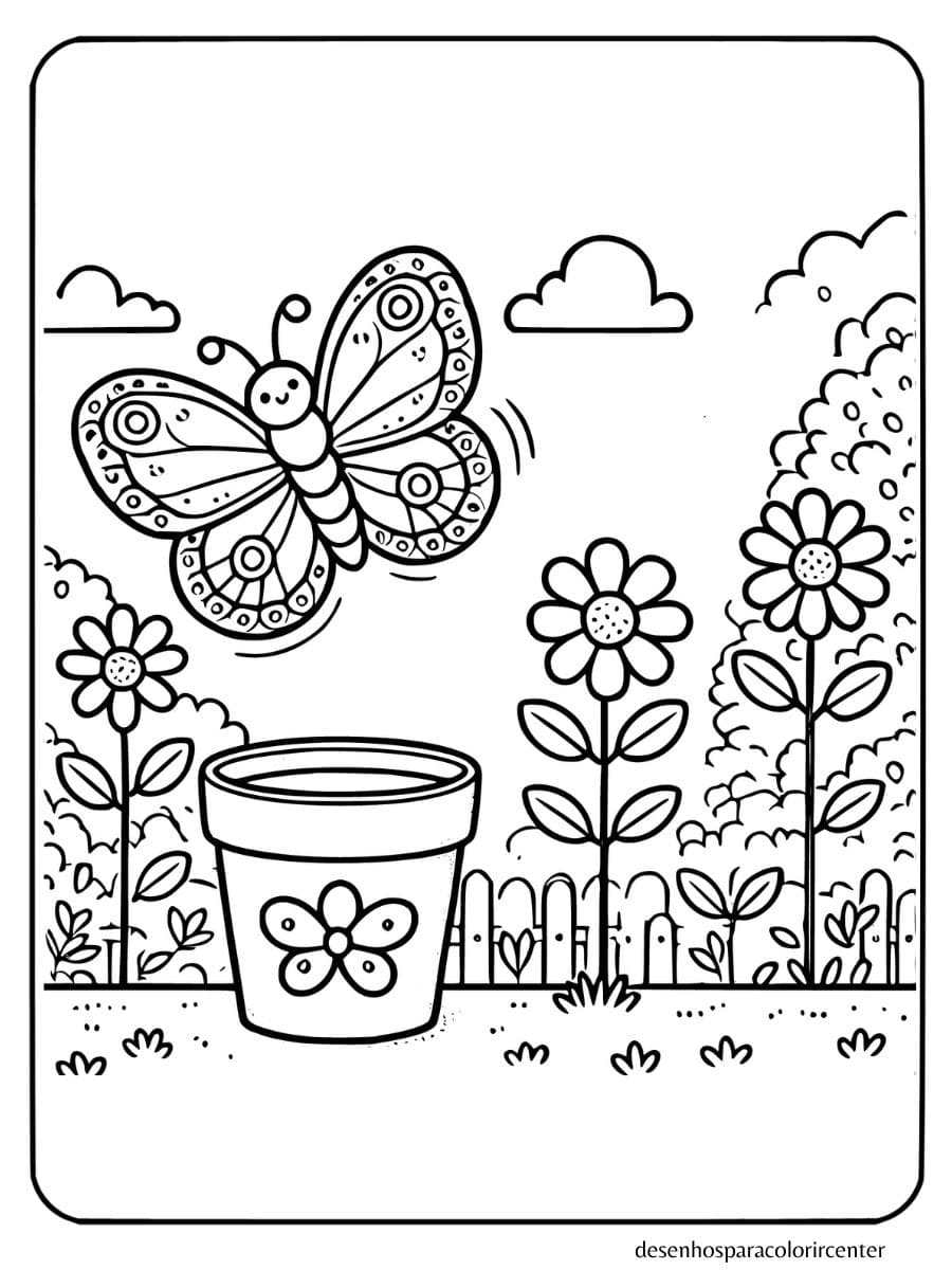 borboleta para colorir com vaso de flores