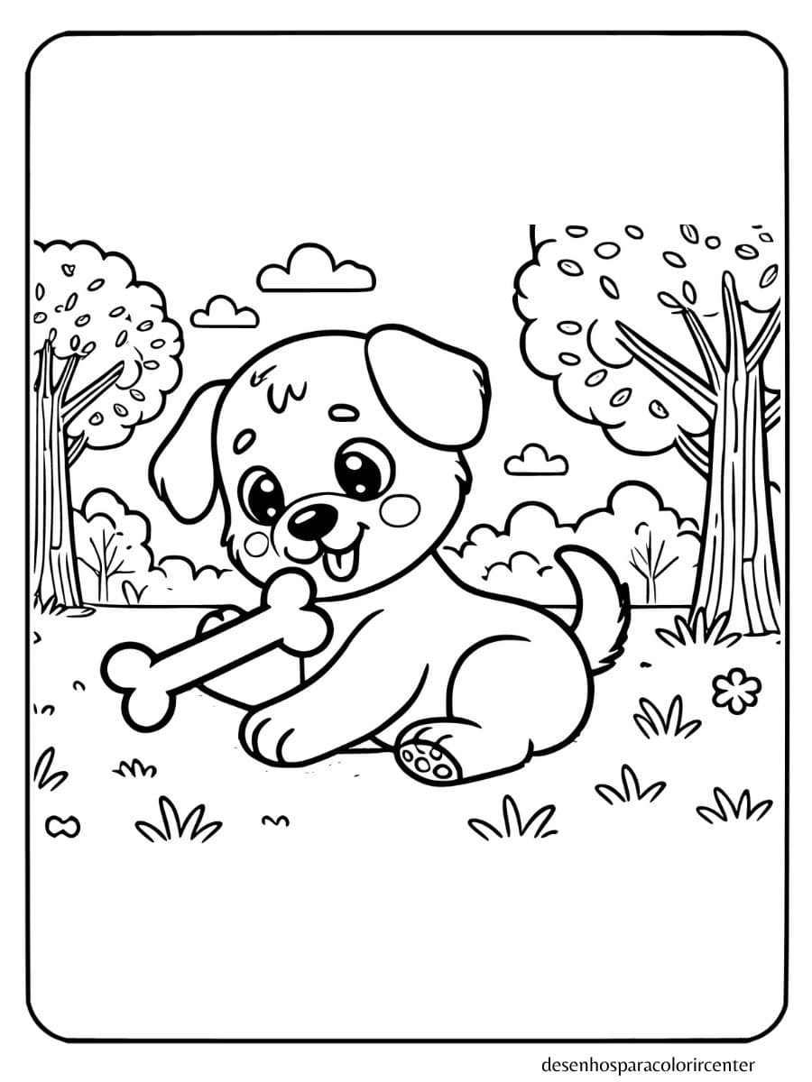 cachorro para colorir brincando com osso