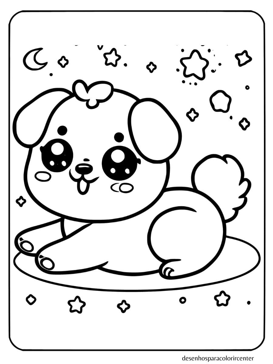 cachorro kawaii para colorir deitado de barriga para cima e estrelas