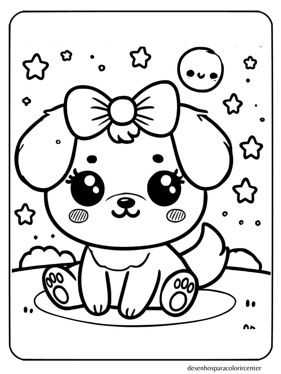 cachorro kawaii para colorir sentado com laço na cabeça