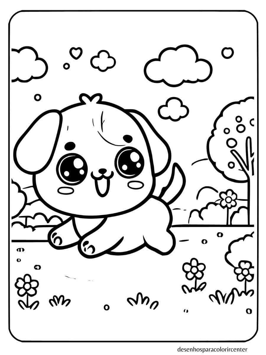 cachorro kawaii para colorir correndo com expressão feliz