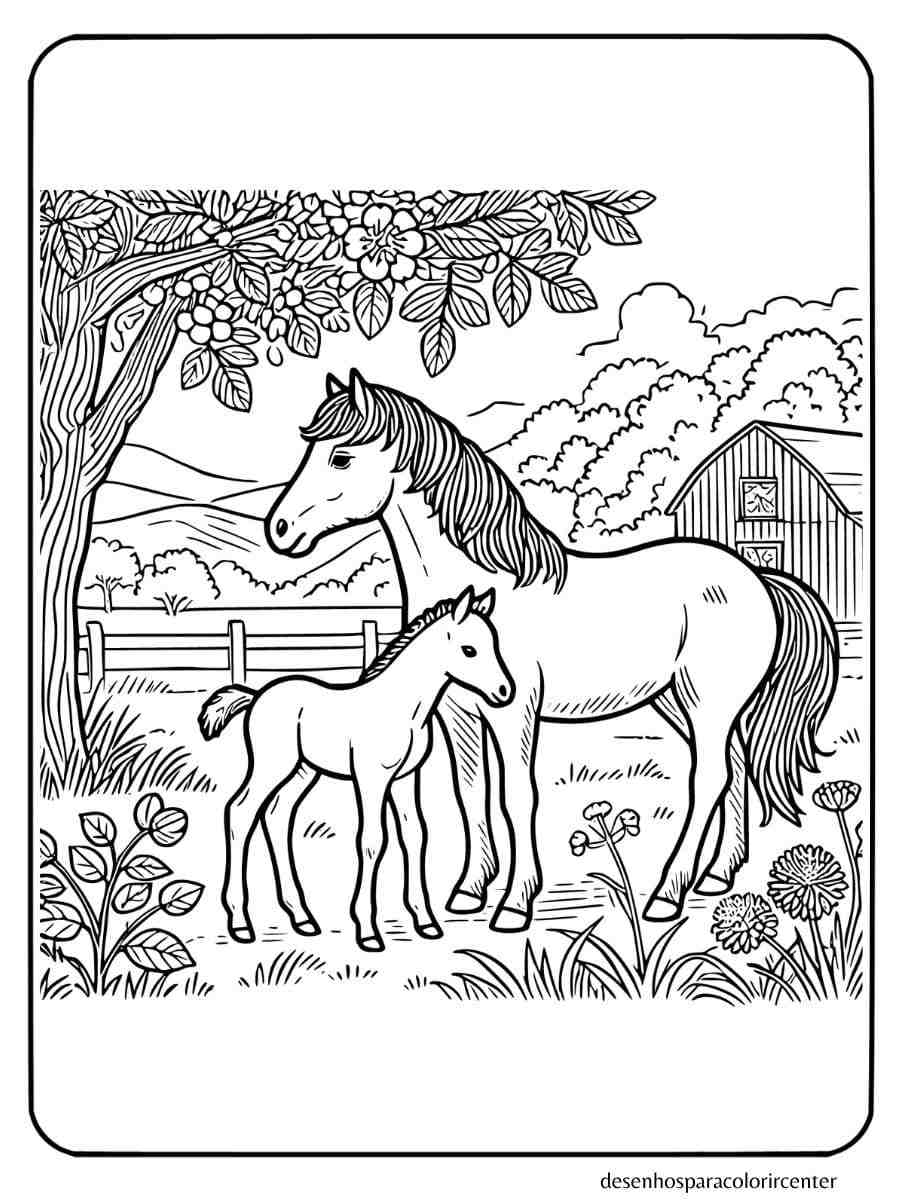 cavalo com um potro para colorir