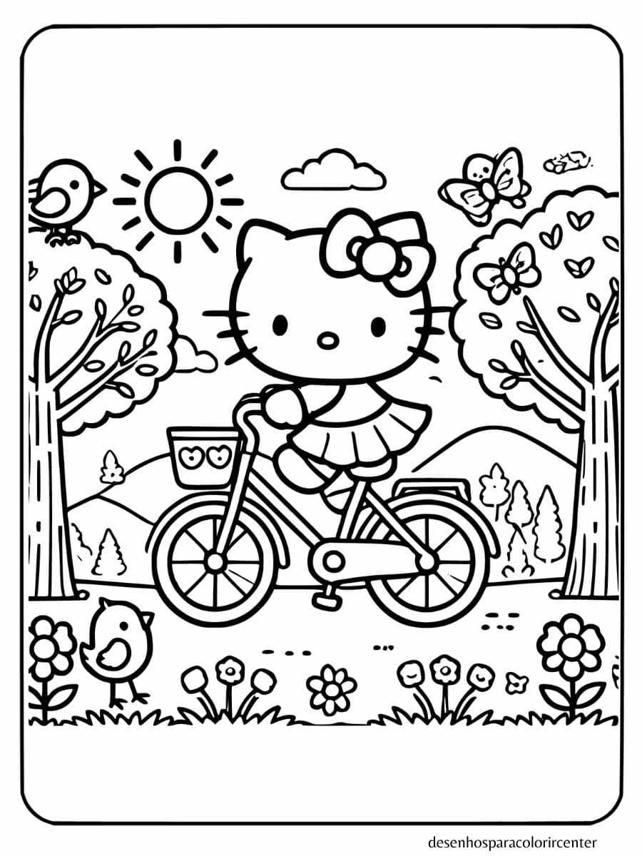 Hello Kitty para colorir andando de bicicleta em um dia ensolarado