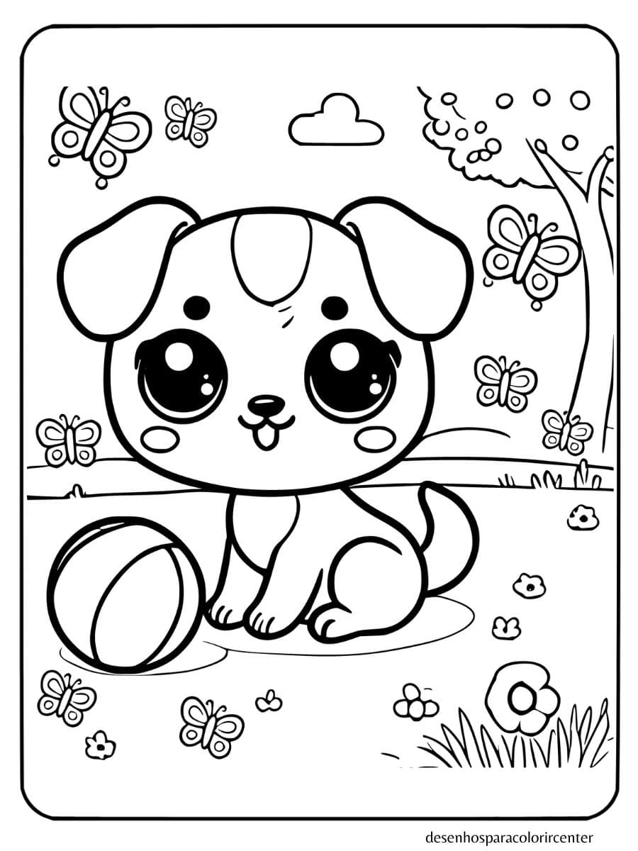 cachorro kawaii para colorir sentado com uma bola e borboletas