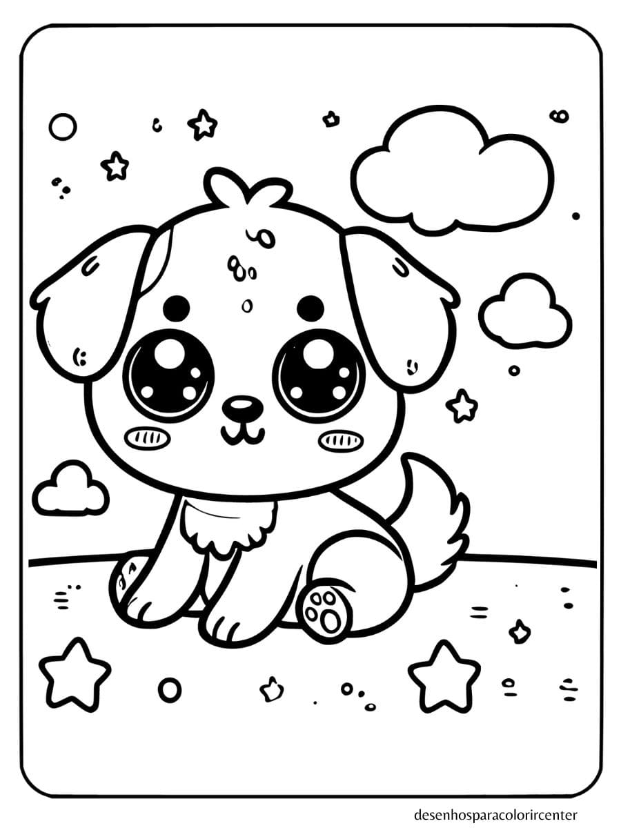 cachorro kawaii para colorir com olhos grandes e sentado