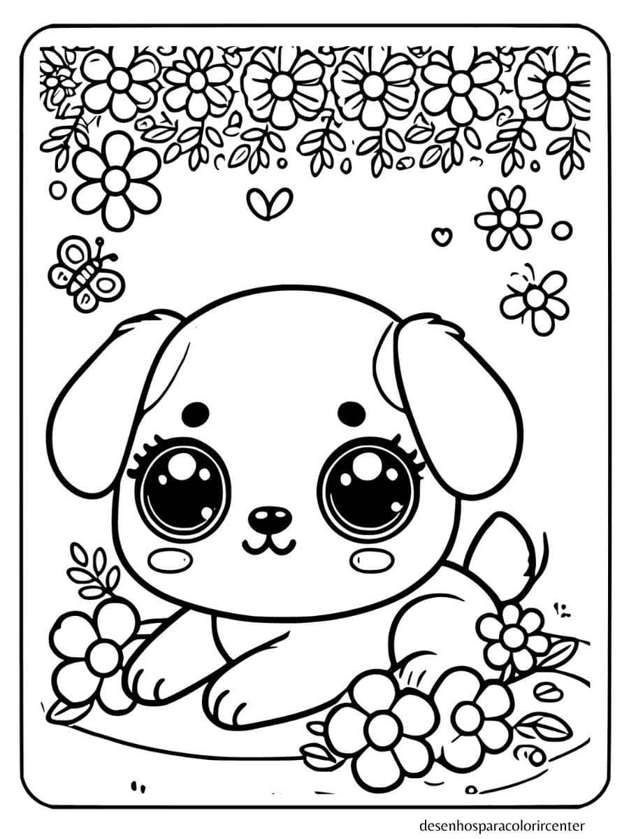 cachorro kawaii para colorir deitado com flores ao redor