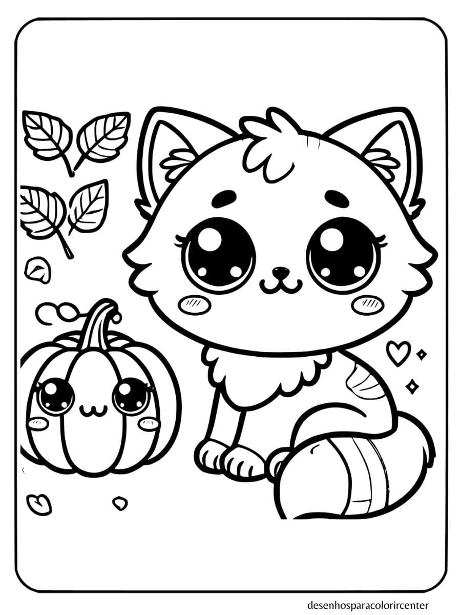 gato kawaii next to pumpkin with autumn leaves para colorir