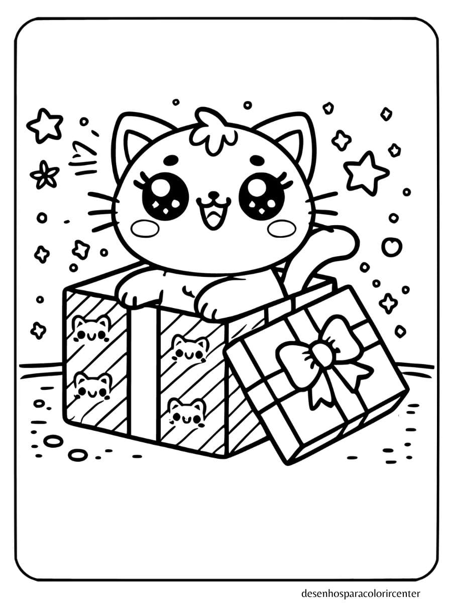 gato kawaii peeking from gift box with confetti stars para colorir