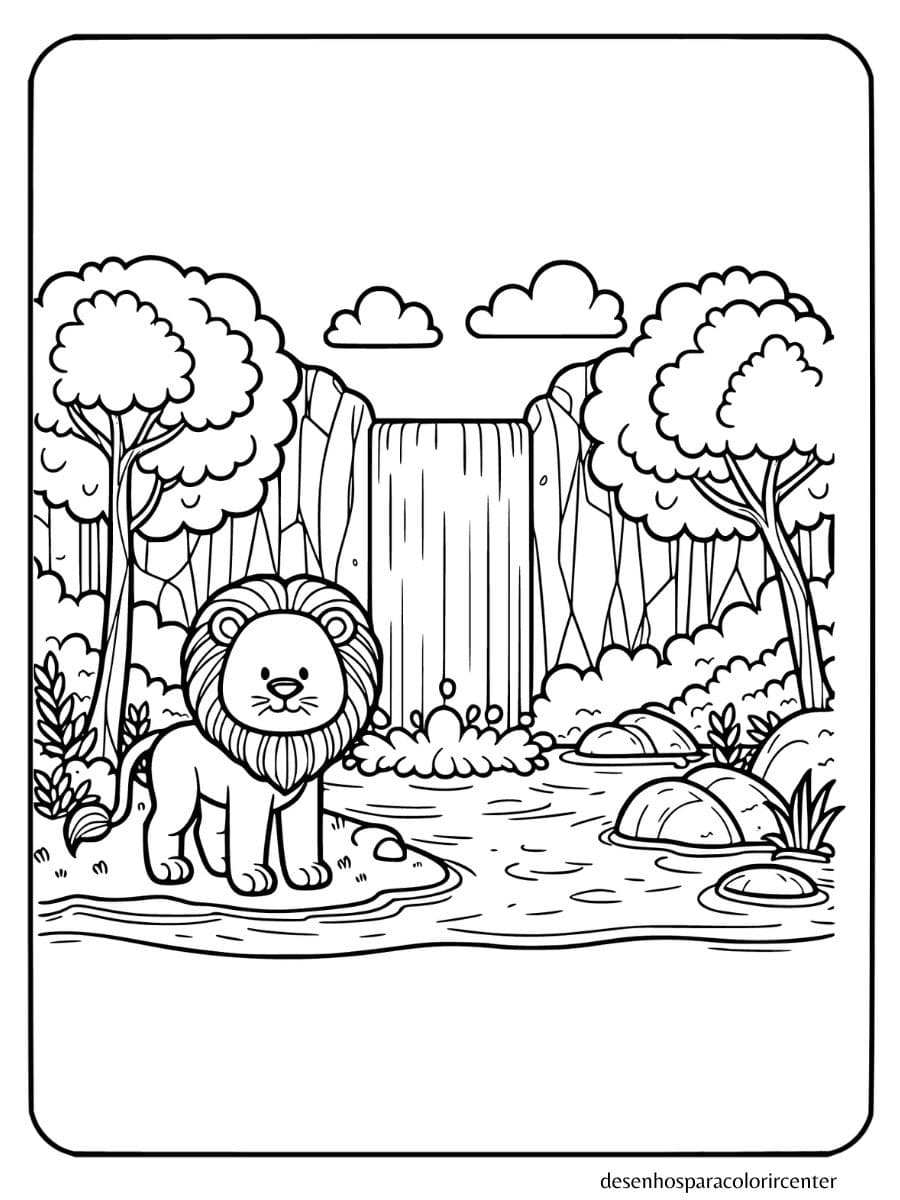 desenho de leão para colorir e imprimir leão ao lado de uma cachoeira para colorir