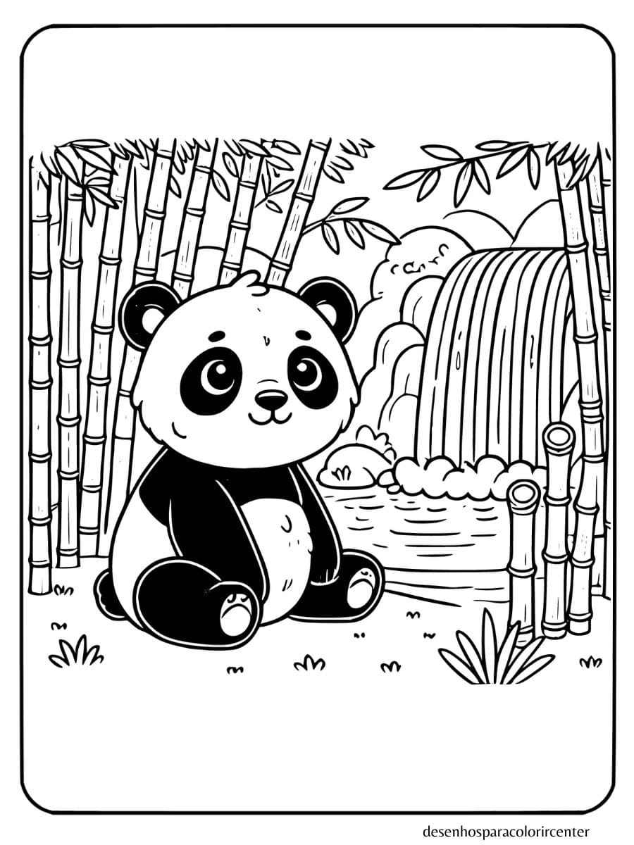 Panda na floresta de bambu com cachoeira para colorir