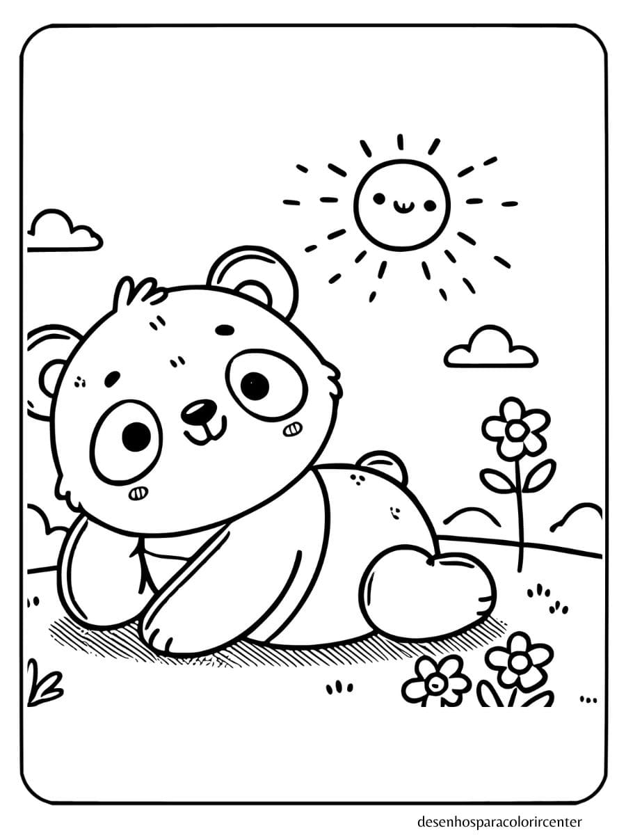 Panda deitado e sorrindo com flores e sol para colorir