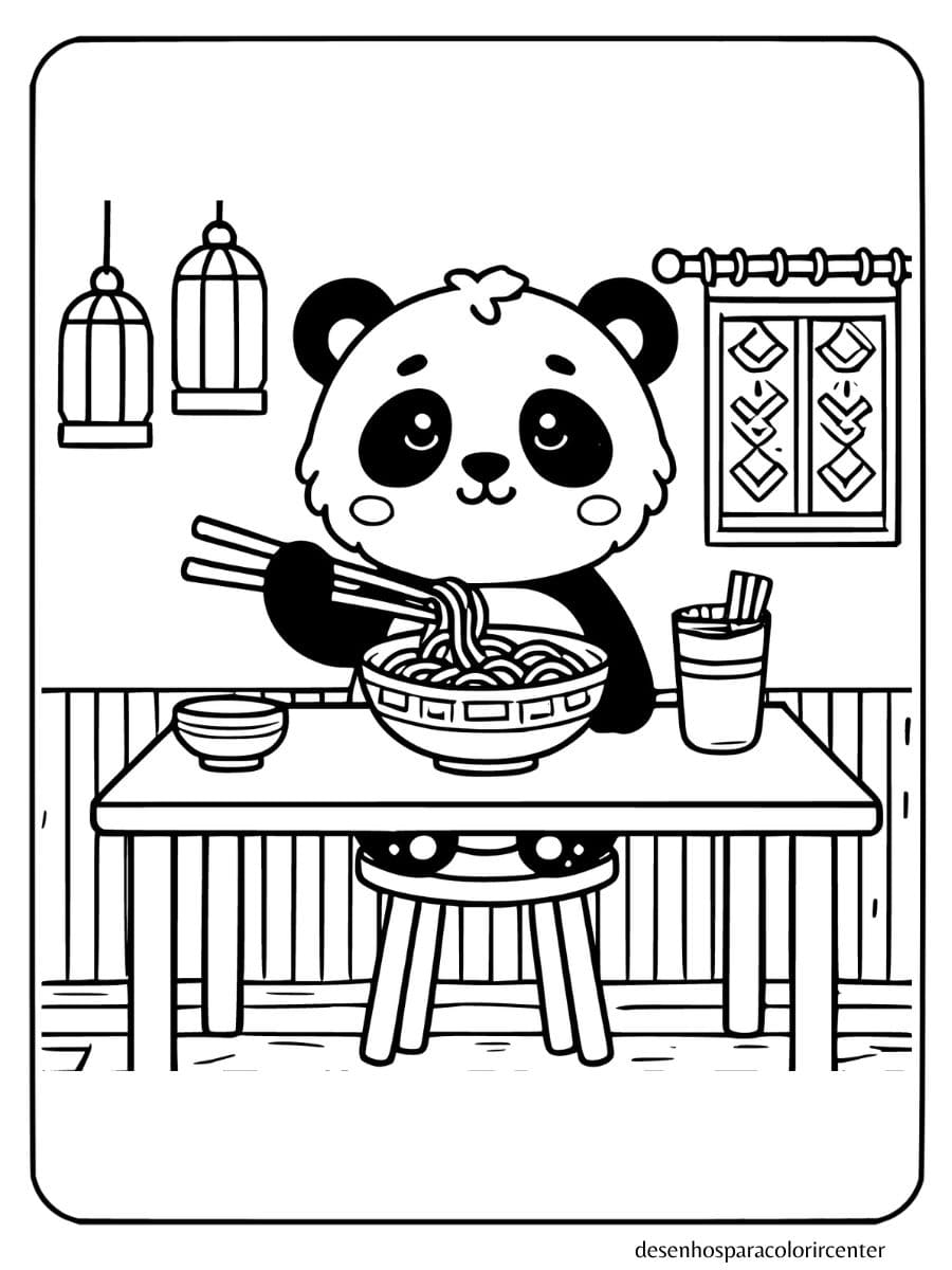 Panda comendo macarrão em área de jantar simples para colorir