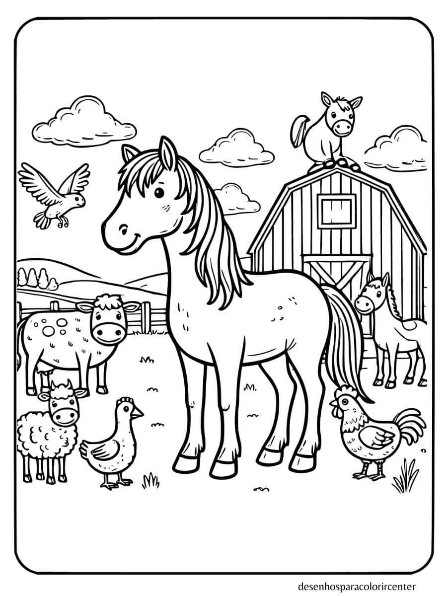 cavalo com outros animais da fazenda para colorir