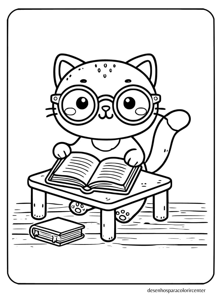 gato para colorir usando óculos e lendo um livro