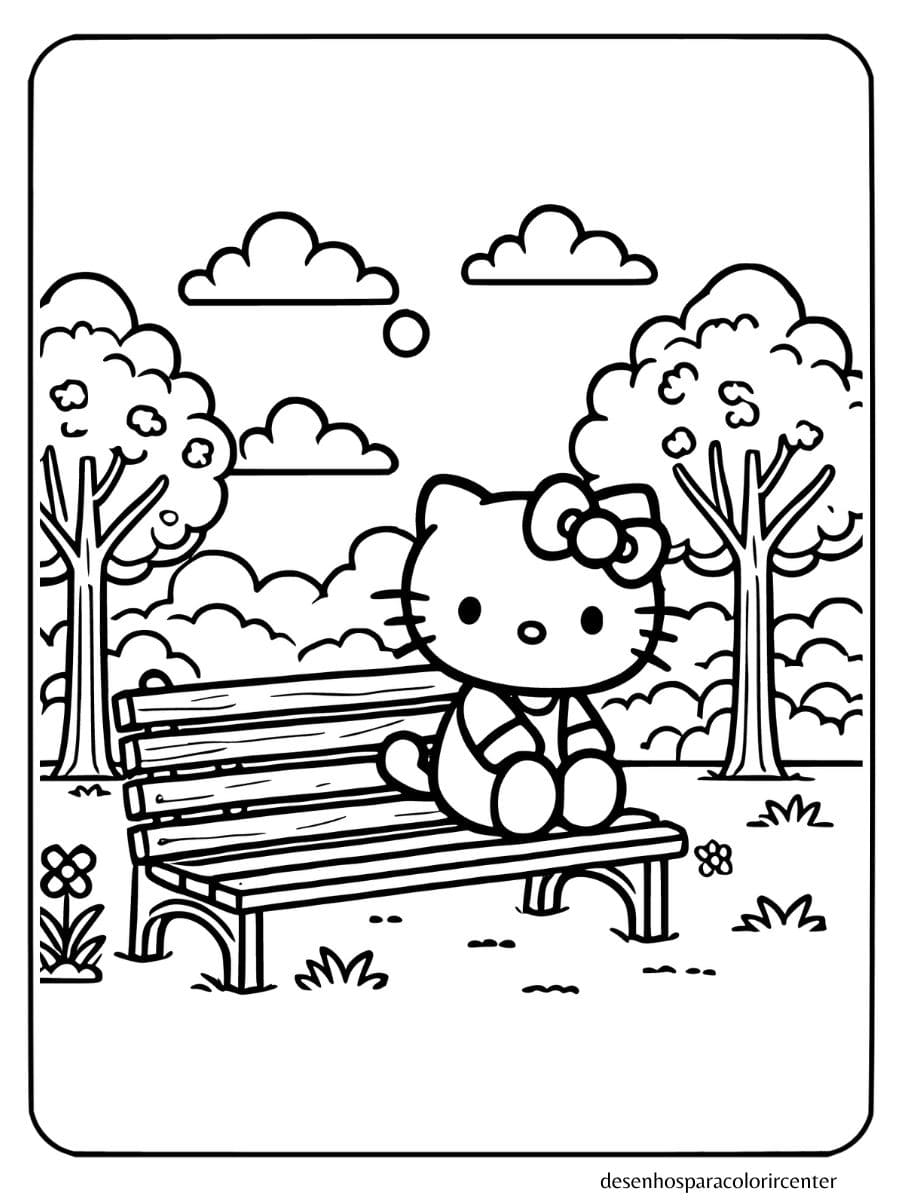 Hello Kitty para colorir sentada no banco