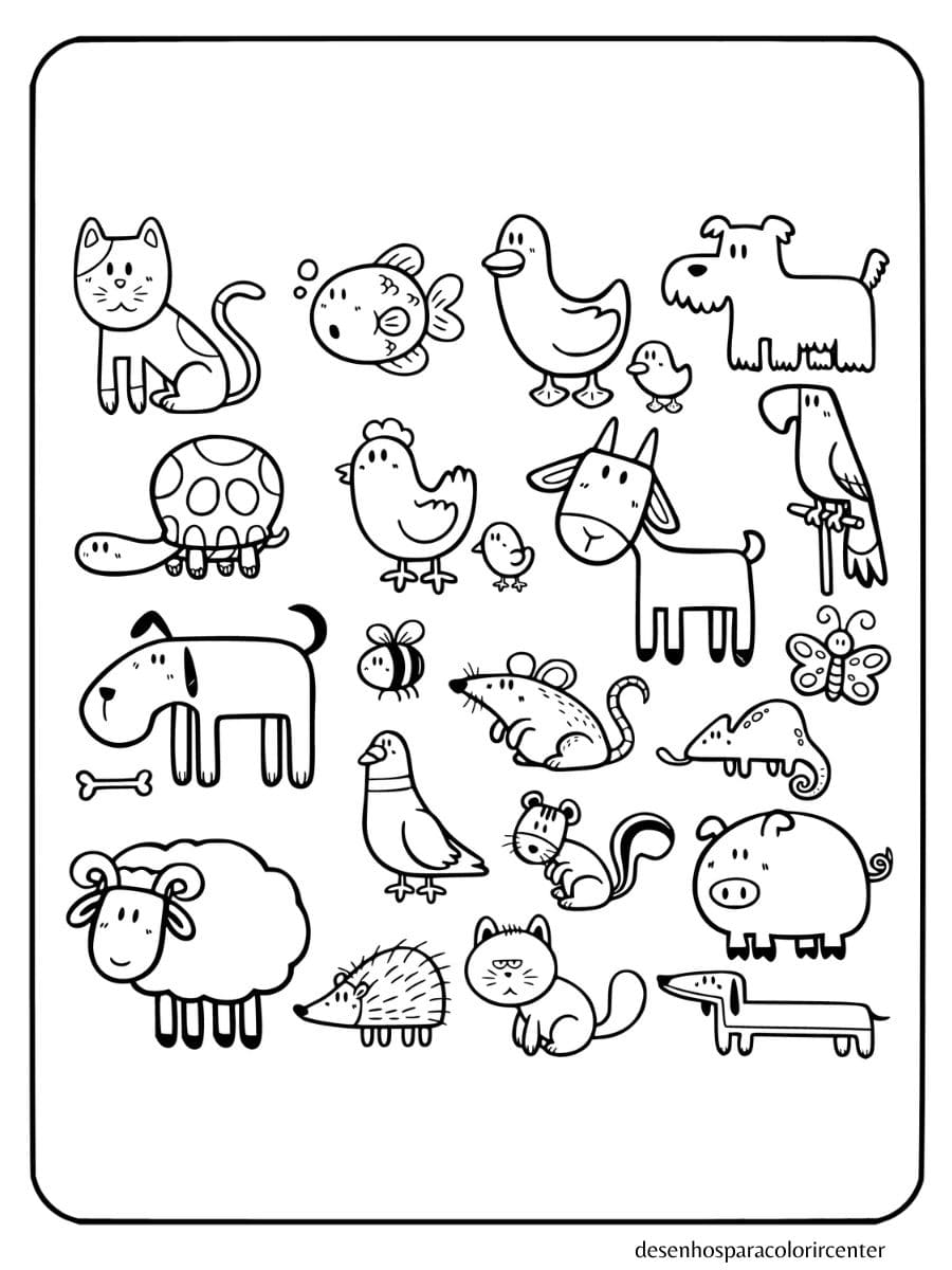 animais para colorir com desenho animado: gatos, cães, peixes, tartarugas e pássaros