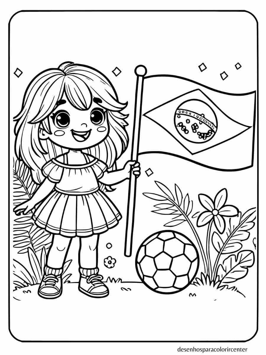 menina segurando a bandeira do brasil para colorir ao lado de uma bola de futebol, com plantas ao redor