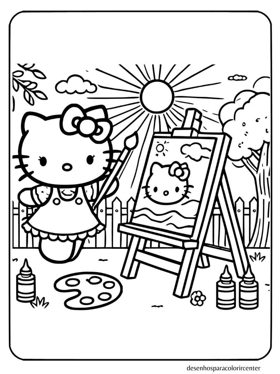 Hello Kitty para colorir pintando um quadro no cavalete