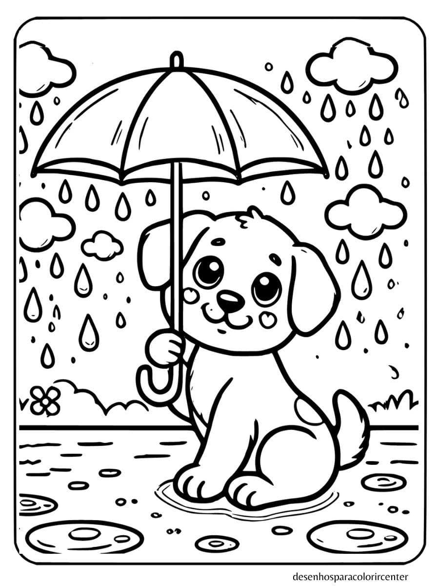 cachorro para colorir com guarda-chuva na chuva