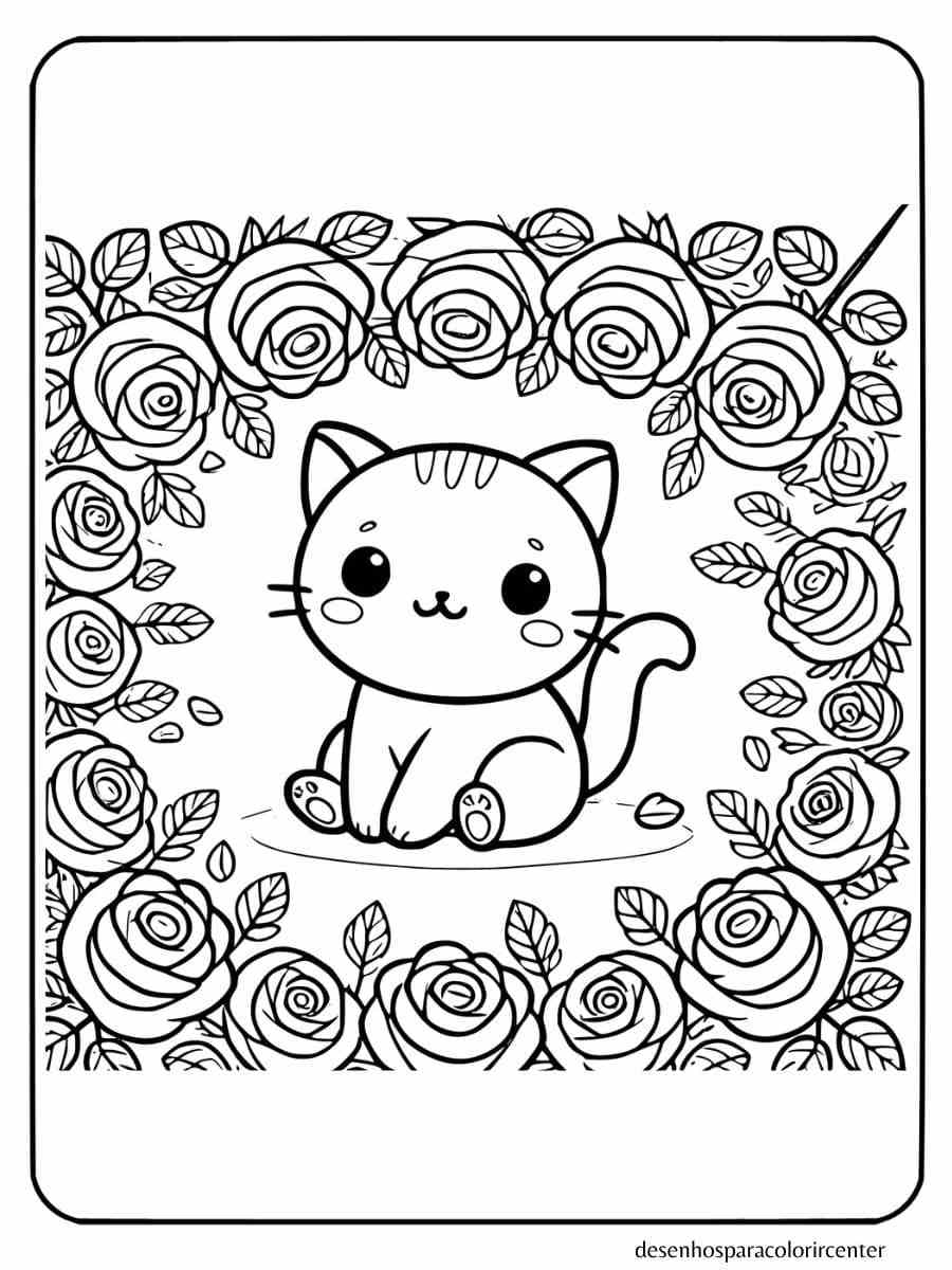 gato para colorir rodeado de rosas