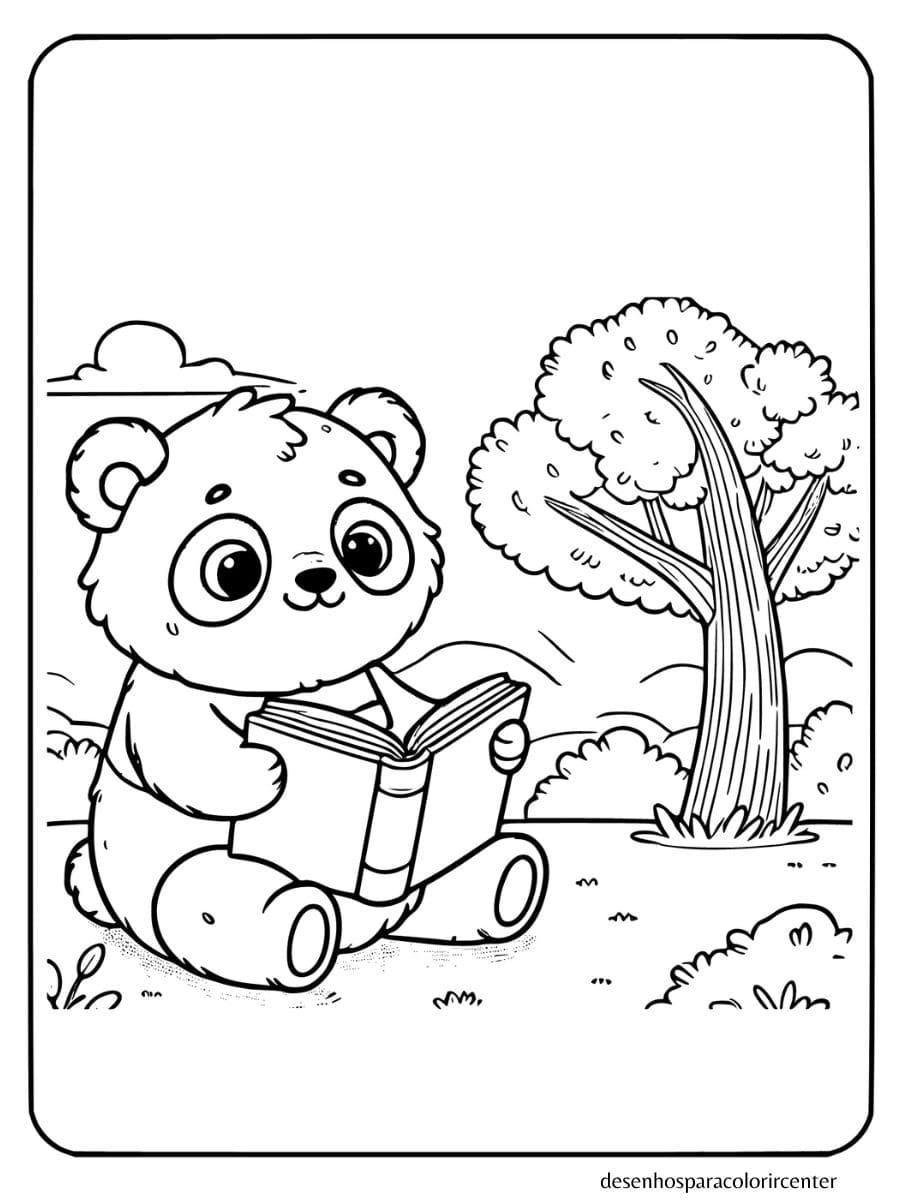 Panda lendo um livro com árvores e céu claro para colorir