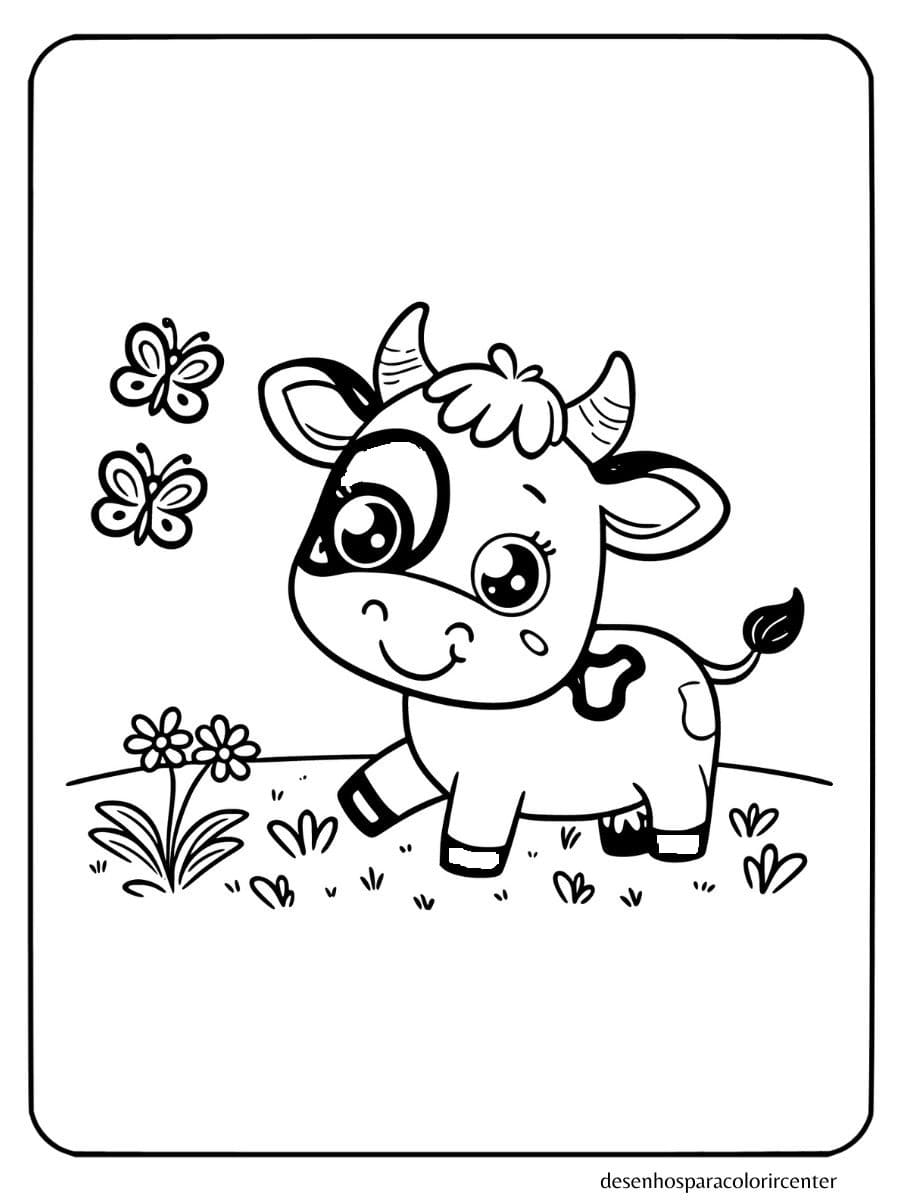 Vaca brincando com borboletas para colorir