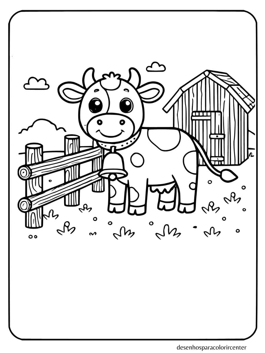 Vaca com um sino perto de uma cerca para colorir