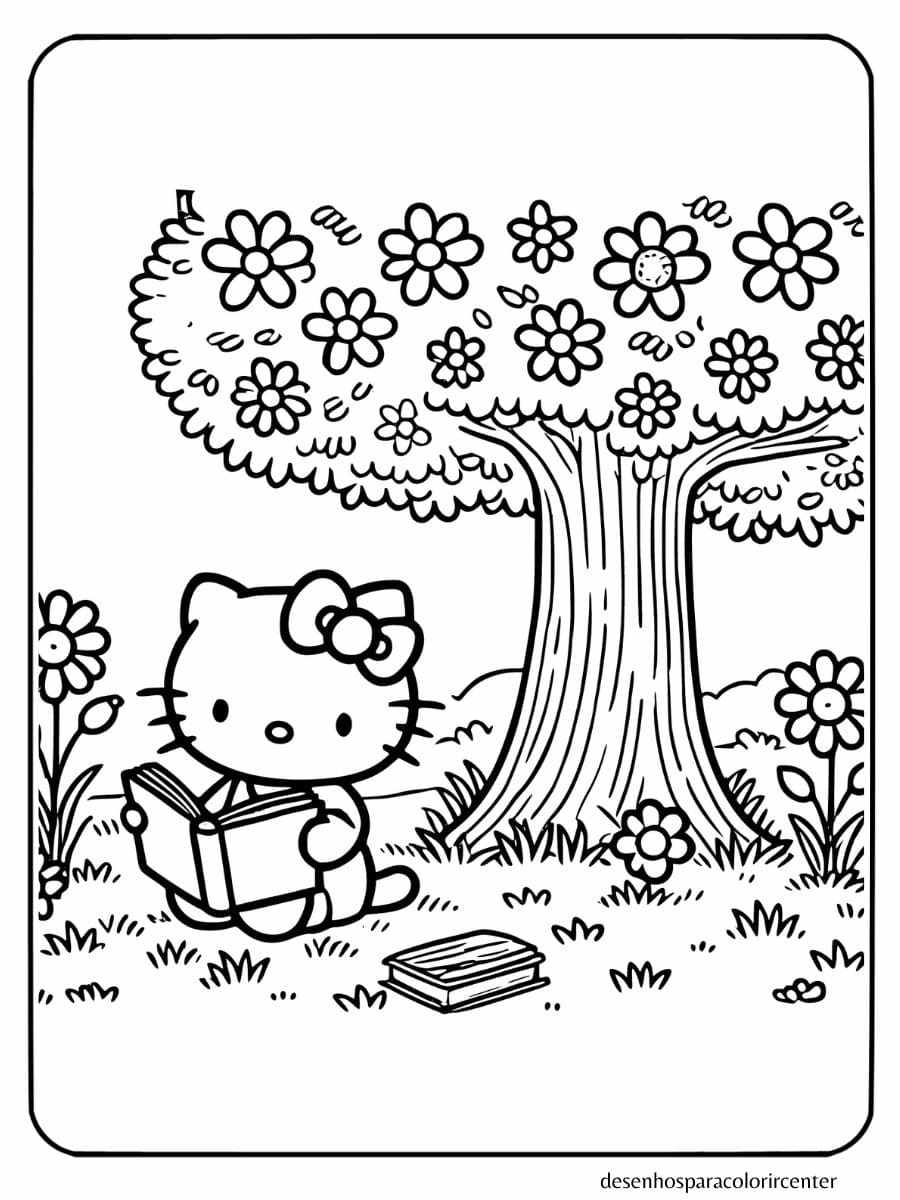 Hello Kitty para colorir lendo um livro debaixo de uma árvore