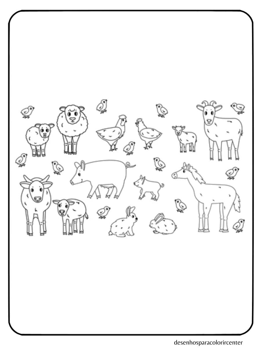 animais para colorir com animais de fazenda: vacas, cabras, ovelhas, porcos, coelhos e galinhas