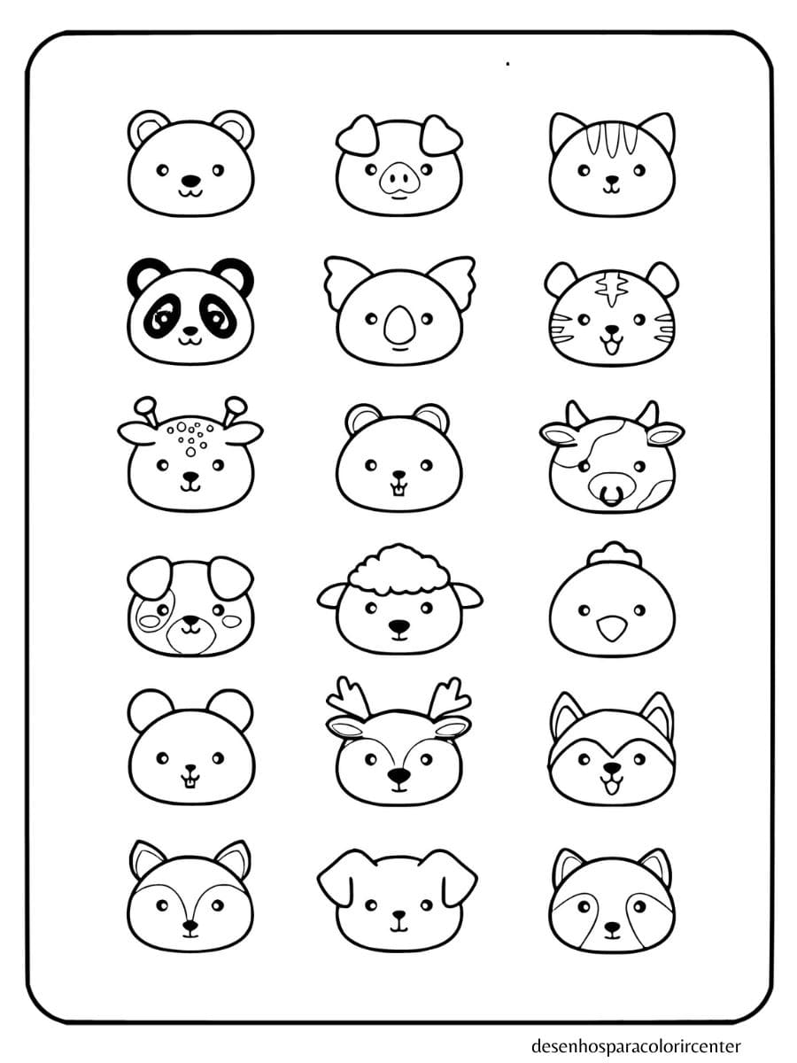 animais para colorir kawaii: rostos de ursos, porcos, pandas, coalas e tigres