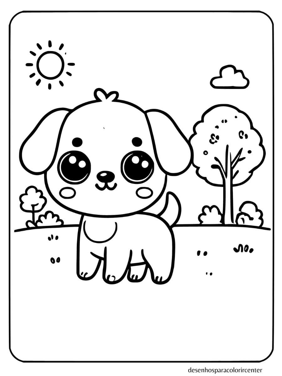 cachorro kawaii para colorir com cauda abanando e sol brilhante