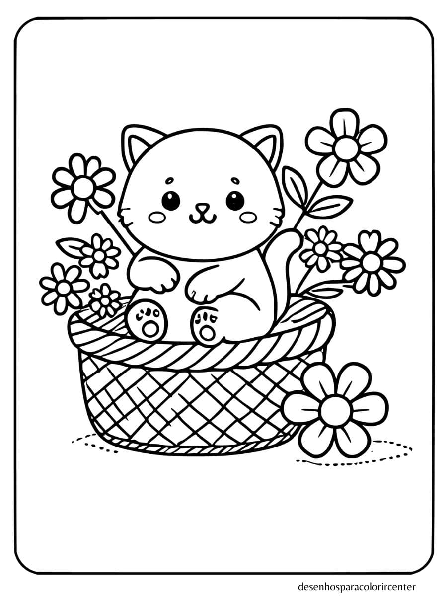 gato para colorir sentado em uma cesta de flores