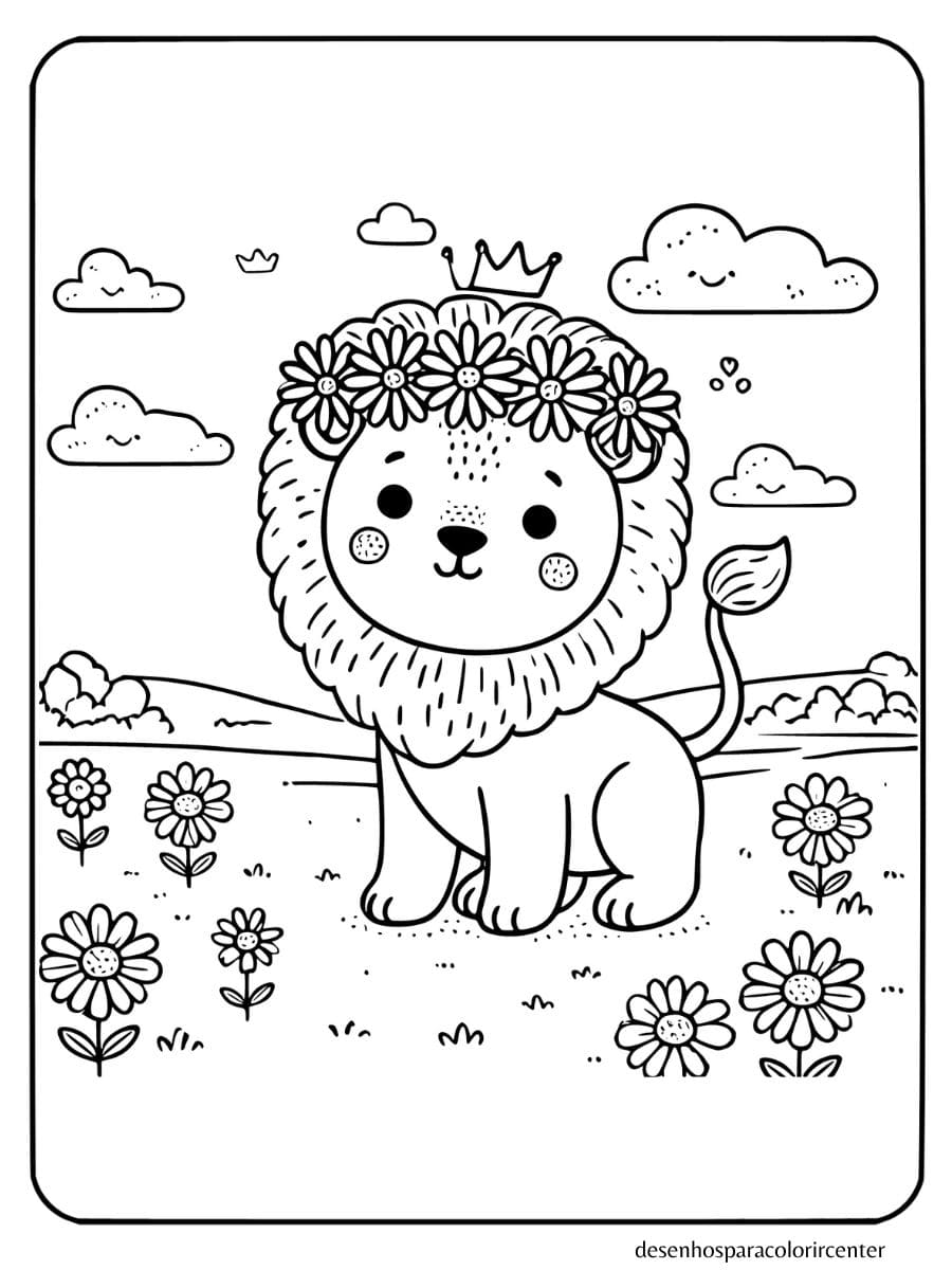 leão com coroa de flores para colorir