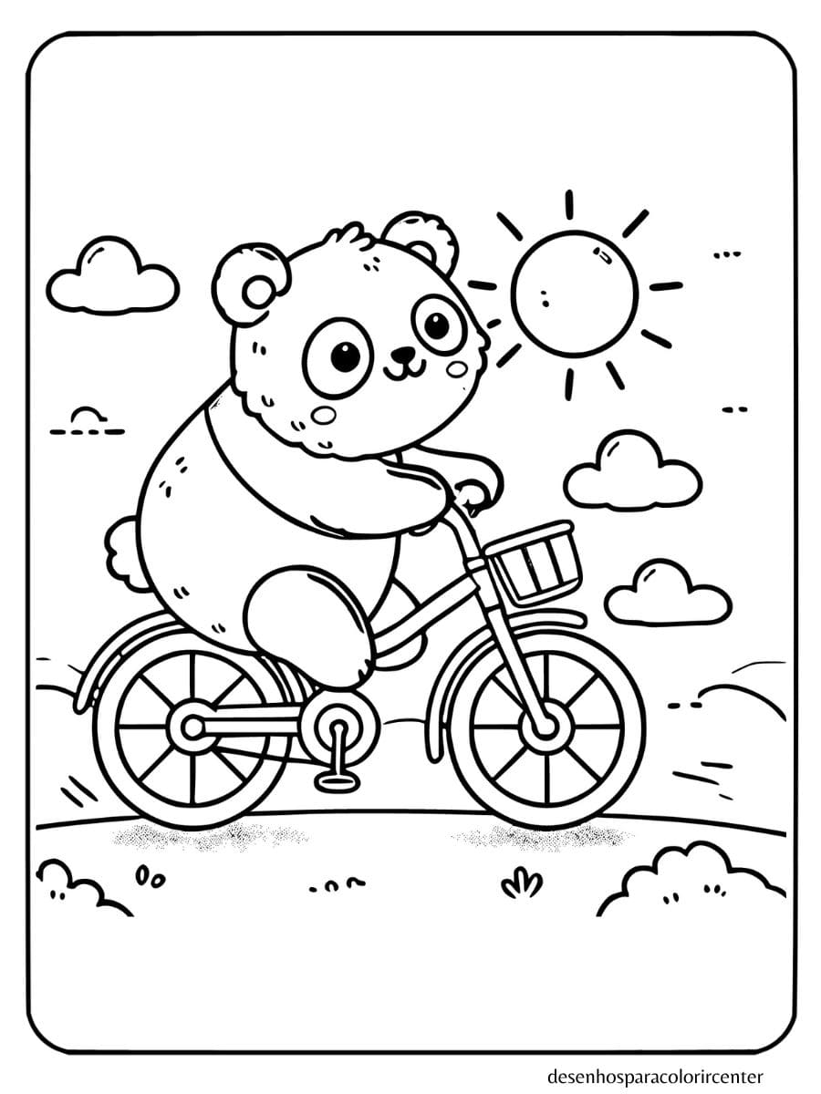 Panda andando de bicicleta com nuvens e sol para colorir