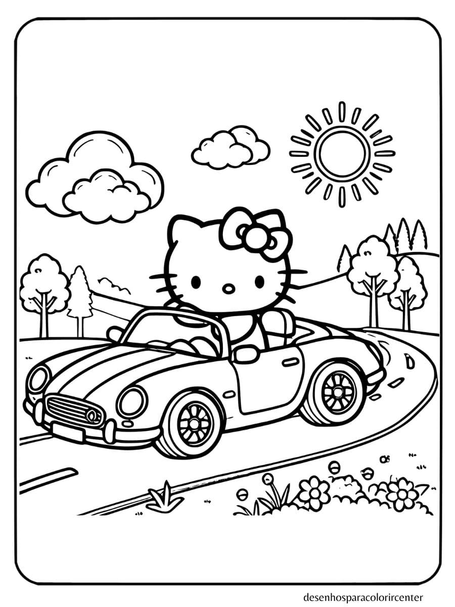 Hello Kitty para colorir dirigindo um carro conversível