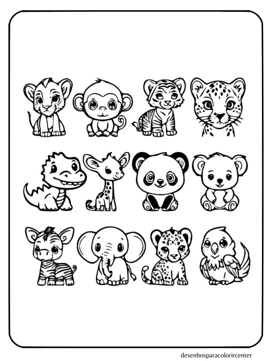 animais para colorir chibi: filhotes de leões, macacos, tigres, pandas e elefantes