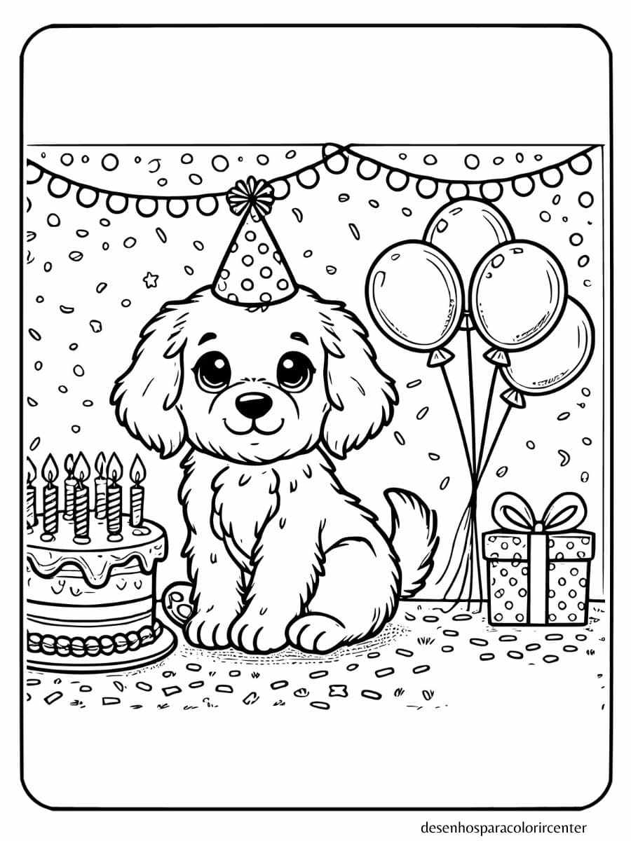 cachorro para colorir com bolo de aniversário