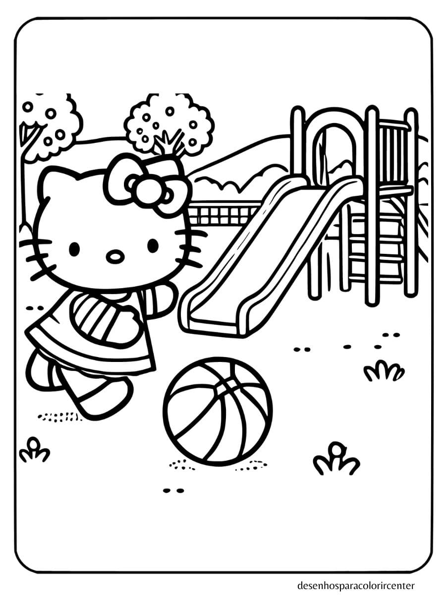 Hello Kitty para colorir jogando bola no parquinho